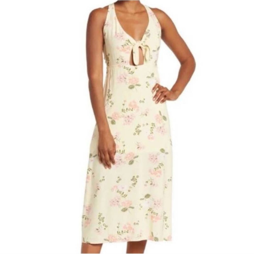 Abound Women's Yellow Sleeveless Floral Front Tie Side Slit Midi Dress Sz Small